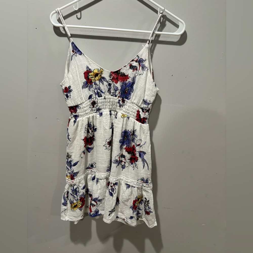 White Mini Dress with Flowers and Spaghetti Straps Sundress - Picture 3 of 4
